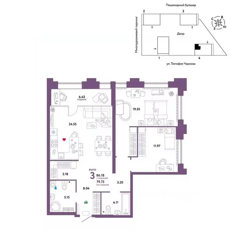 3-к кв. Тюменская область, Тюмень ул. Тимофея Чаркова, 93 (86.18 м) - Фото 0