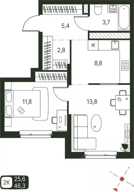 Студия Пермский край, Пермь ул. Серебристая, 1 (46.3 м) - Фото 1