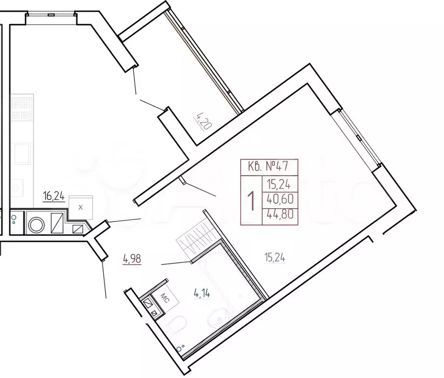 1-к. квартира, 44,8 м, 3/9 эт. - Фото 0