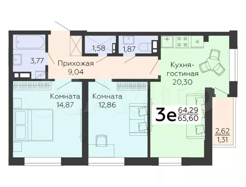 3-к. квартира, 65,6 м, 5/15 эт. - Фото 0