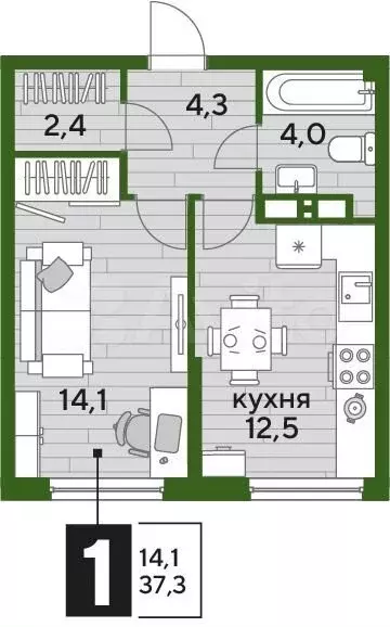 1-к. квартира, 37,3 м, 12/16 эт. - Фото 1