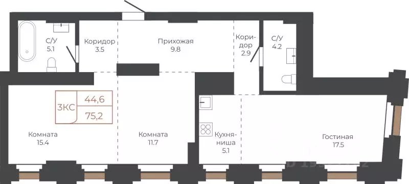 3-к кв. Алтайский край, Барнаул пл. Баварина, 8к2 (75.2 м) - Фото 0