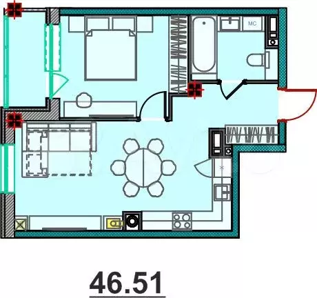 2-к. квартира, 46,5 м, 5/5 эт. - Фото 1