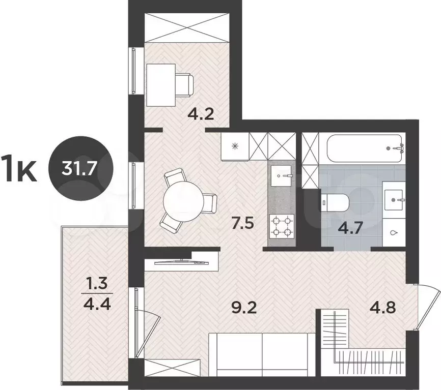 1-к. квартира, 31,7 м, 5/9 эт. - Фото 1