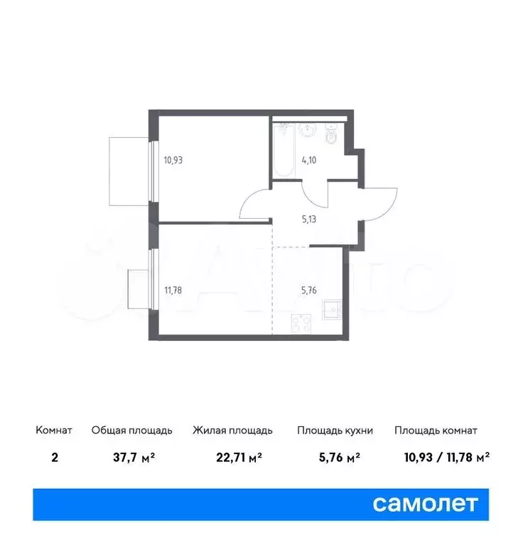 1-к. квартира, 37,7м, 6/13эт. - Фото 0