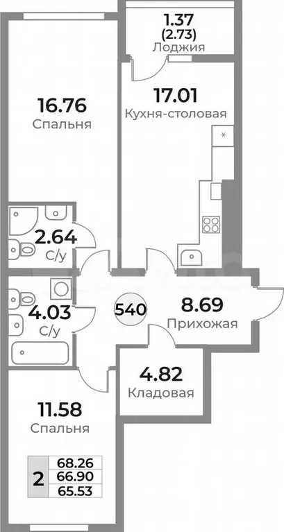 2-к. квартира, 70 м, 9/10 эт. - Фото 1