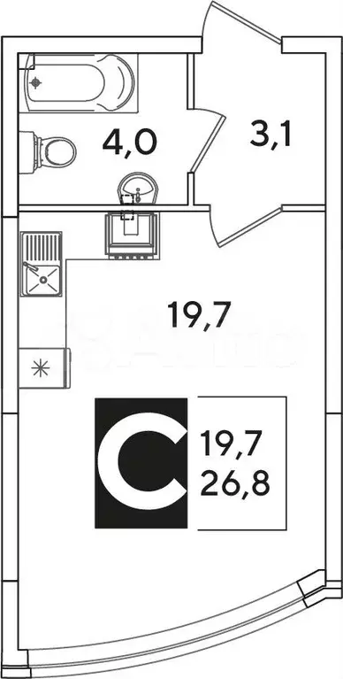 Квартира-студия, 26,8 м, 2/16 эт. - Фото 0