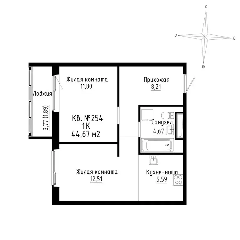 2-комнатная квартира: Новый, ЖК ДНС Сити (44.67 м) - Фото 0