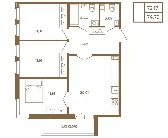 3-комнатная квартира: Сертолово, ЖК Новая История (74.73 м) - Фото 1