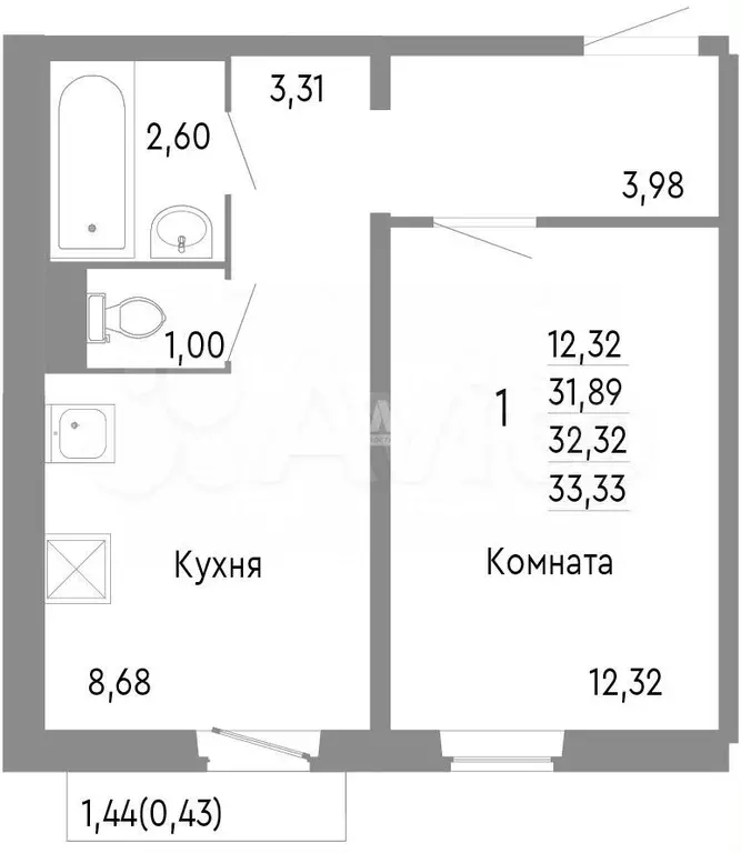 1-к. квартира, 32,3 м, 8/10 эт. - Фото 0