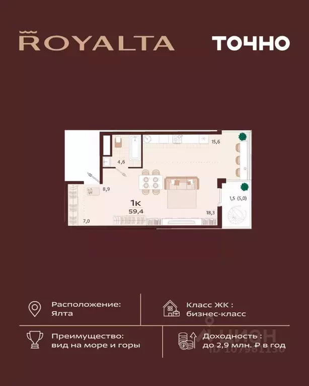 1-к кв. Крым, Ялта ул. Спендиарова, 5 (59.4 м) - Фото 0