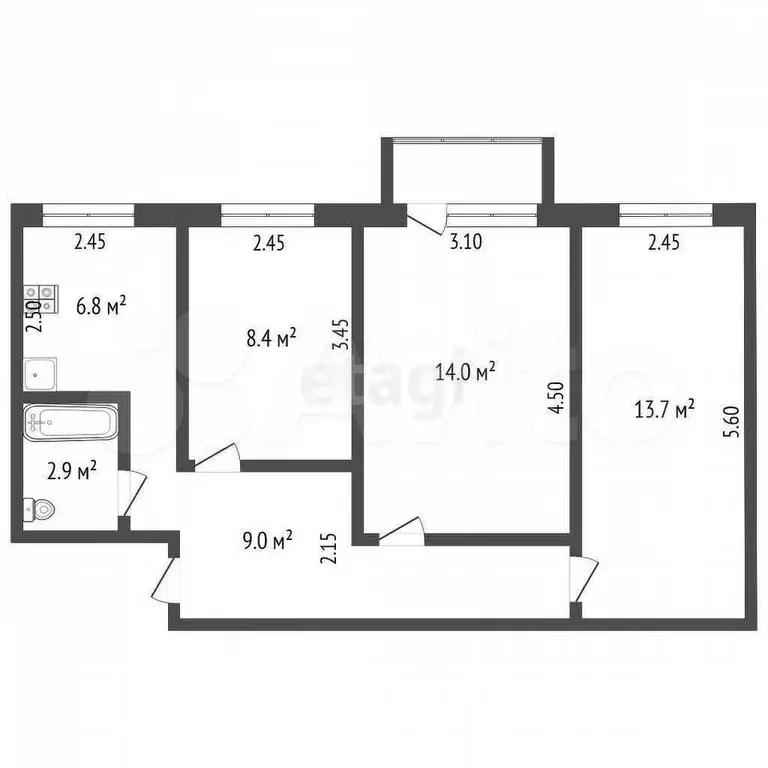 3-к. квартира, 54,8 м, 2/5 эт. - Фото 0