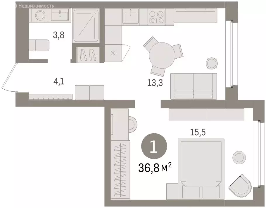 1-комнатная квартира: Тюмень, Мысовская улица (36.78 м) - Фото 2
