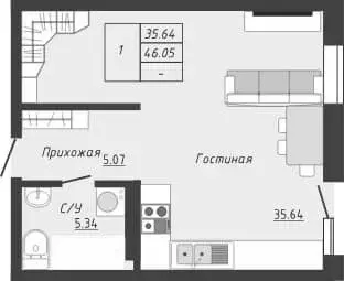 Продаётся квартира-студия, 46.1 м - Фото 1