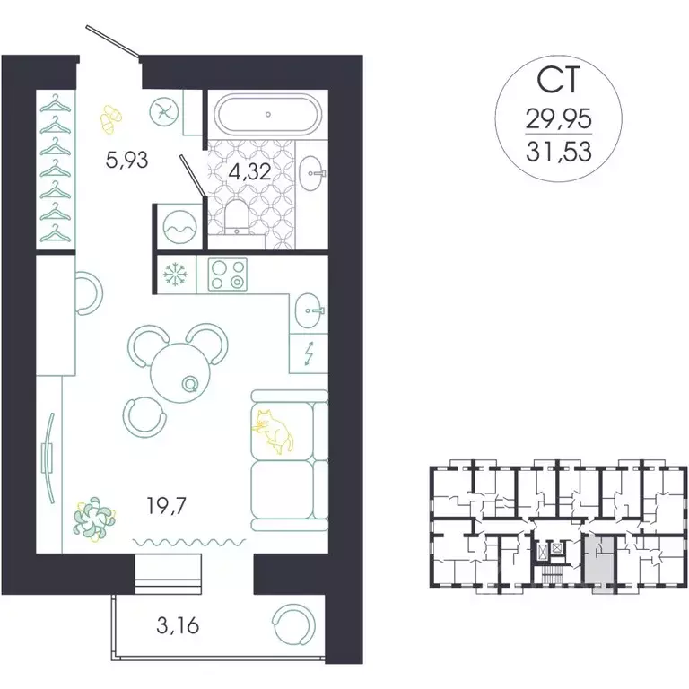 Студия Пензенская область, Пенза Колышлейская ул., 7 (32.1 м) - Фото 2