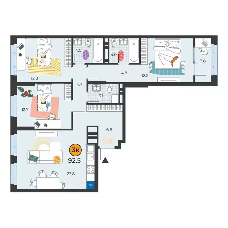 3-комнатная квартира: Тюмень, улица Эльвиры Федоровой, 1к1 (92.5 м) - Фото 1
