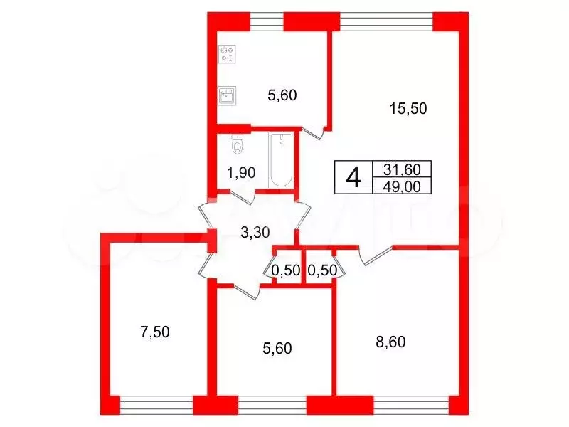 4-к. квартира, 49 м, 4/5 эт. - Фото 0