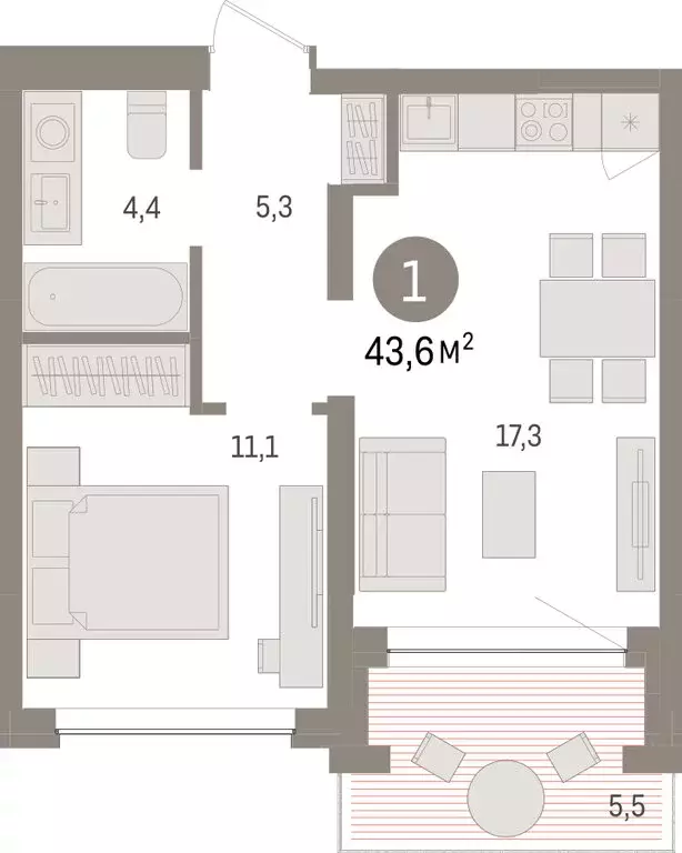 1-комнатная квартира: Тюмень, ЖК Дом у Озера (43.6 м) - Фото 1