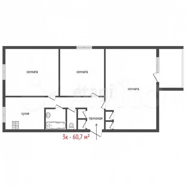 3-к. квартира, 60,7 м, 8/9 эт. - Фото 1