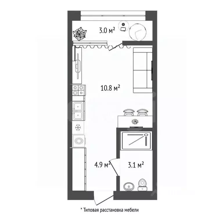 Студия Тюменская область, Тюмень ул. Павла Фитина, 3 (21.4 м) - Фото 2
