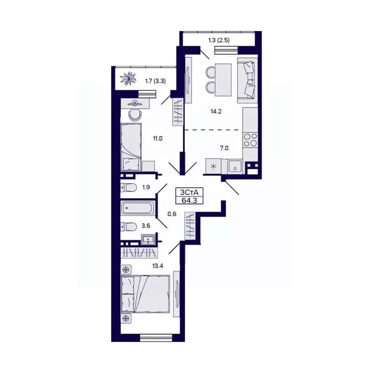 3-к кв. Новосибирская область, Новосибирск ул. Коминтерна, 1с (64.3 м) - Фото 1