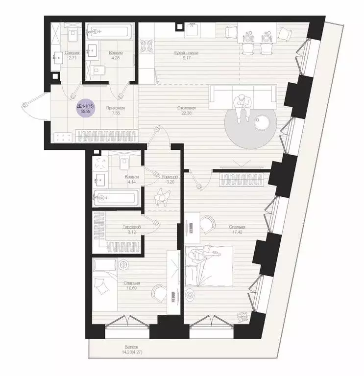 2-комнатная квартира: Казань, ЖК Яналиф (88.93 м) - Фото 2