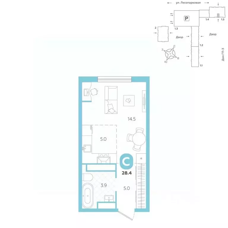 Студия Тюменская область, Тюмень ул. Лесопарковая, 22 (28.4 м) - Фото 1