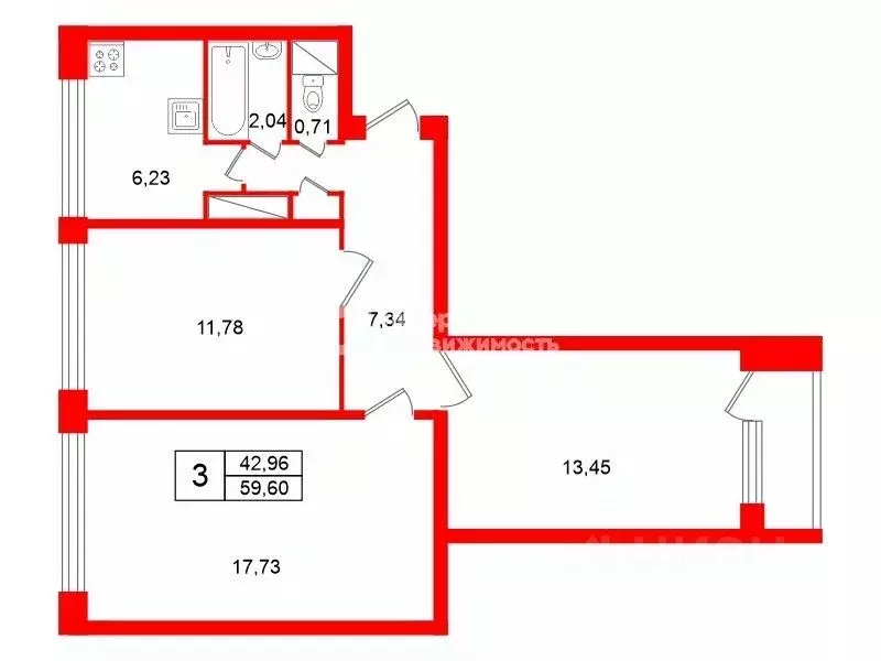 3-к кв. Санкт-Петербург ул. Партизана Германа, 9 (59.6 м) - Фото 2