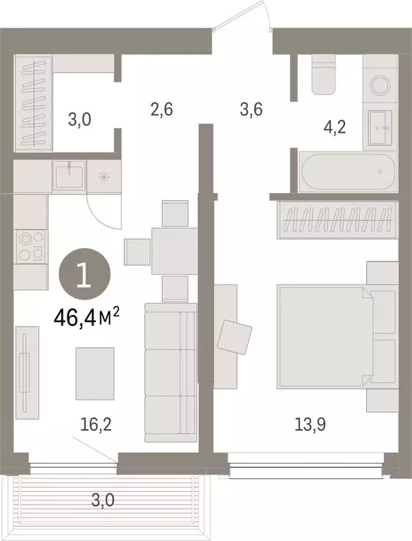 2-комнатная квартира: Тюмень, Мысовская улица, 26к1 (46.44 м) - Фото 0