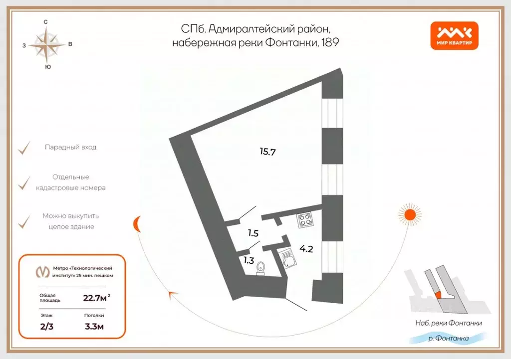 1-к кв. Санкт-Петербург наб. Реки Фонтанки, 189 (22.0 м) - Фото 1