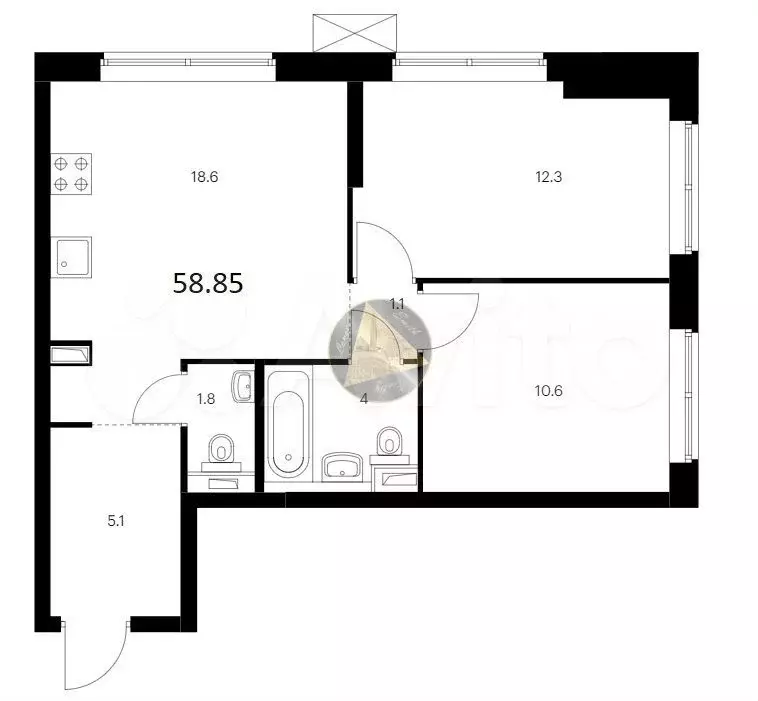 2-к. квартира, 58,9 м, 8/12 эт. - Фото 0
