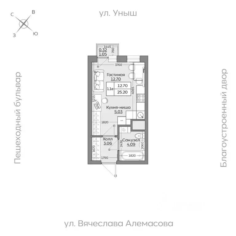 1-к кв. Татарстан, Казань ул. Рауиса Гареева (25.2 м) - Фото 0