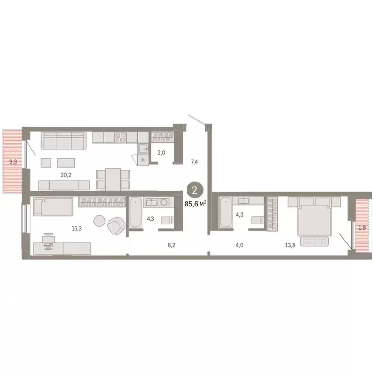 2-комнатная квартира: Новосибирск, Большевистская улица, с49 (85.57 м) - Фото 2