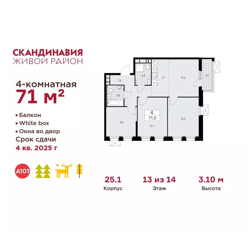 4-к кв. Москва Скандинавия жилой комплекс, 25.1 (71.0 м) - Фото 0