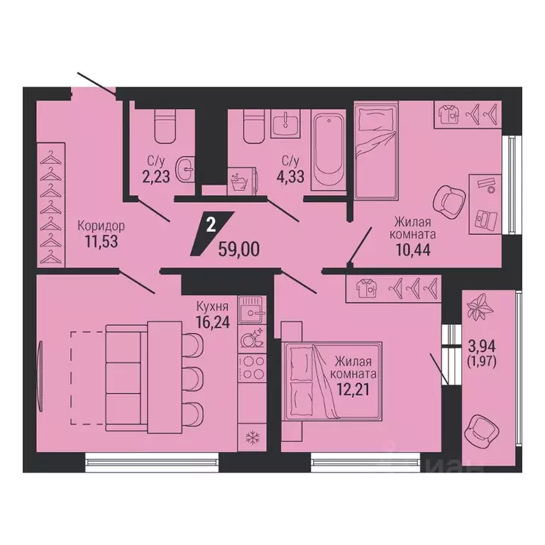 2-к кв. Свердловская область, Екатеринбург пер. Ученический, 4 (59.47 ... - Фото 1