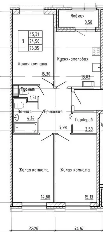 3-комнатная квартира: Санкт-Петербург, Студенческая улица, 14к2 (74.3 ... - Фото 2