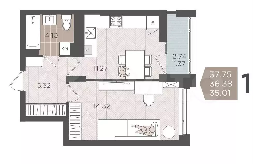 1-к. квартира, 37,8 м, 6/9 эт. - Фото 1
