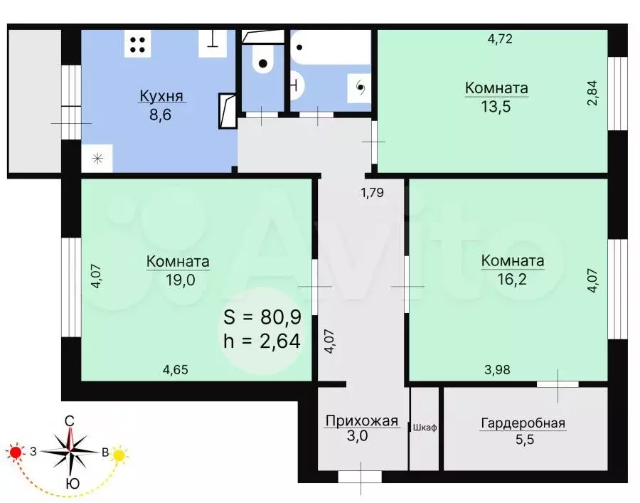 3-к. квартира, 80,9 м, 8/14 эт. - Фото 0