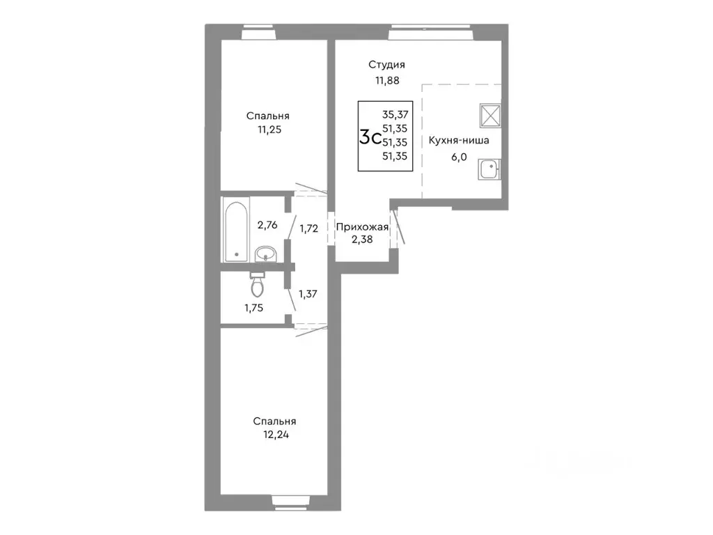 3-к кв. Челябинская область, Челябинск Нефтебазовая ул., 1-13 (51.35 ... - Фото 1