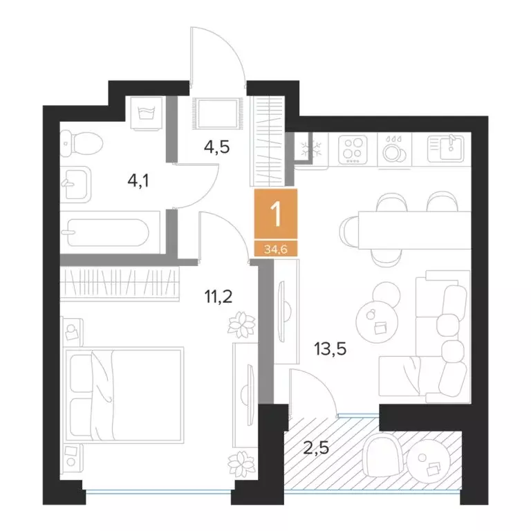 1-комнатная квартира: Курск, ЖК Парковый квартал Чувства (34.6 м) - Фото 0