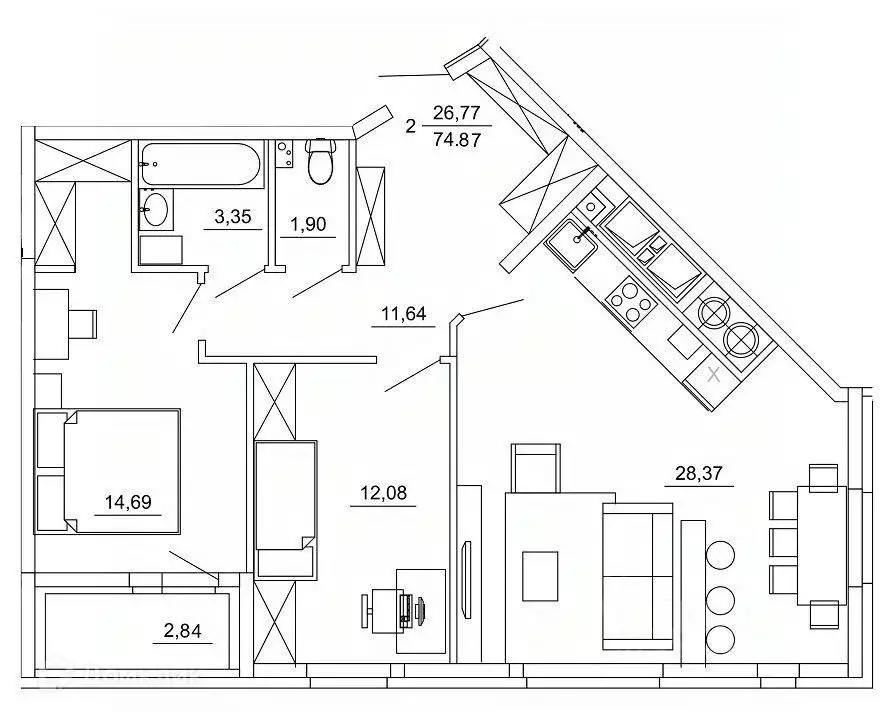 2-к кв. Рязанская область, Рязань ул. Земнухова (74.87 м) - Фото 1