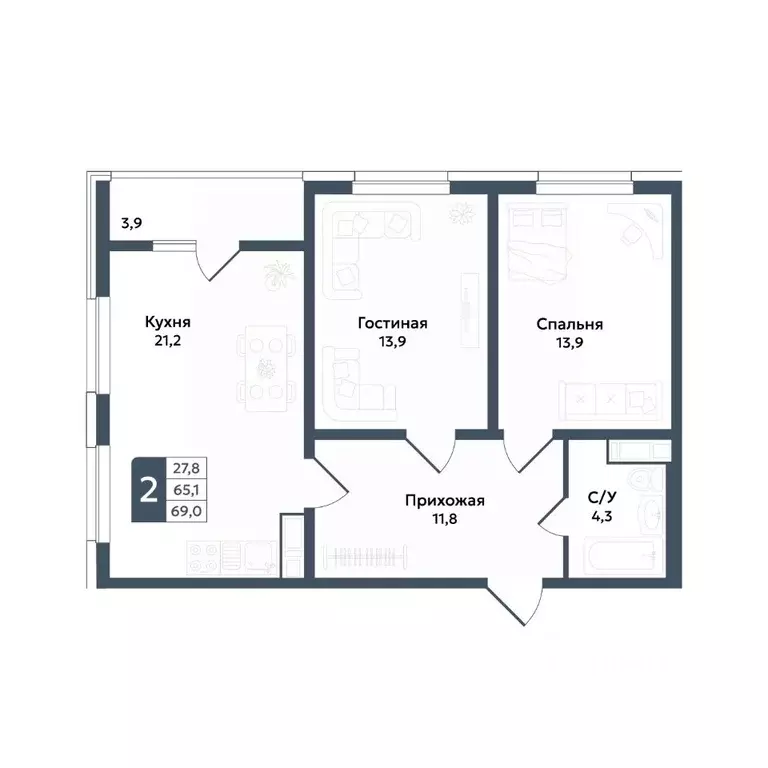 2-к кв. Ставропольский край, Ставрополь ул. Андрея Голуба, 11Б (69.0 ... - Фото 1