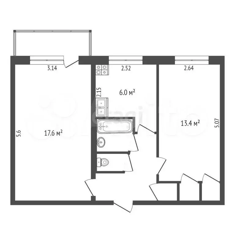 2-к. квартира, 45,9 м, 4/5 эт. - Фото 0