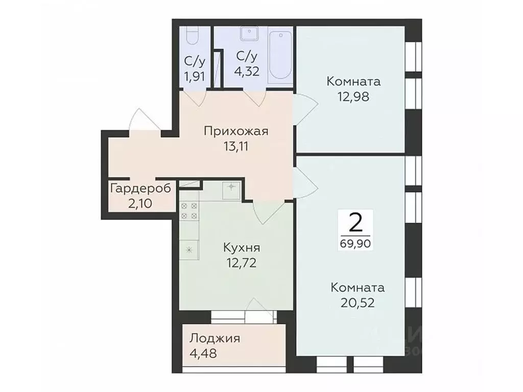 2-к кв. Воронежская область, Воронеж ул. Матросова (69.9 м) - Фото 0