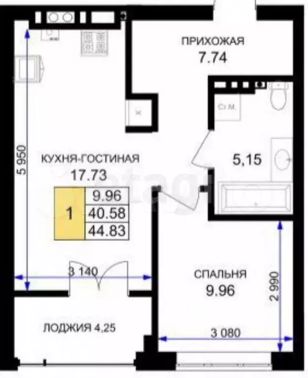 1-к. квартира, 44 м, 4/5 эт. - Фото 0