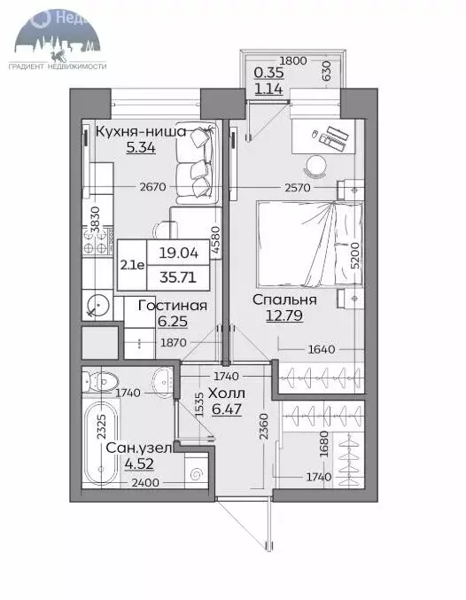 1-комнатная квартира: Казань, ЖК Батталовский (35.71 м) - Фото 1