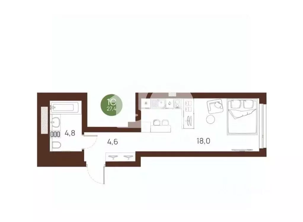 Квартира, 1 комната, 27.4 м - Фото 0