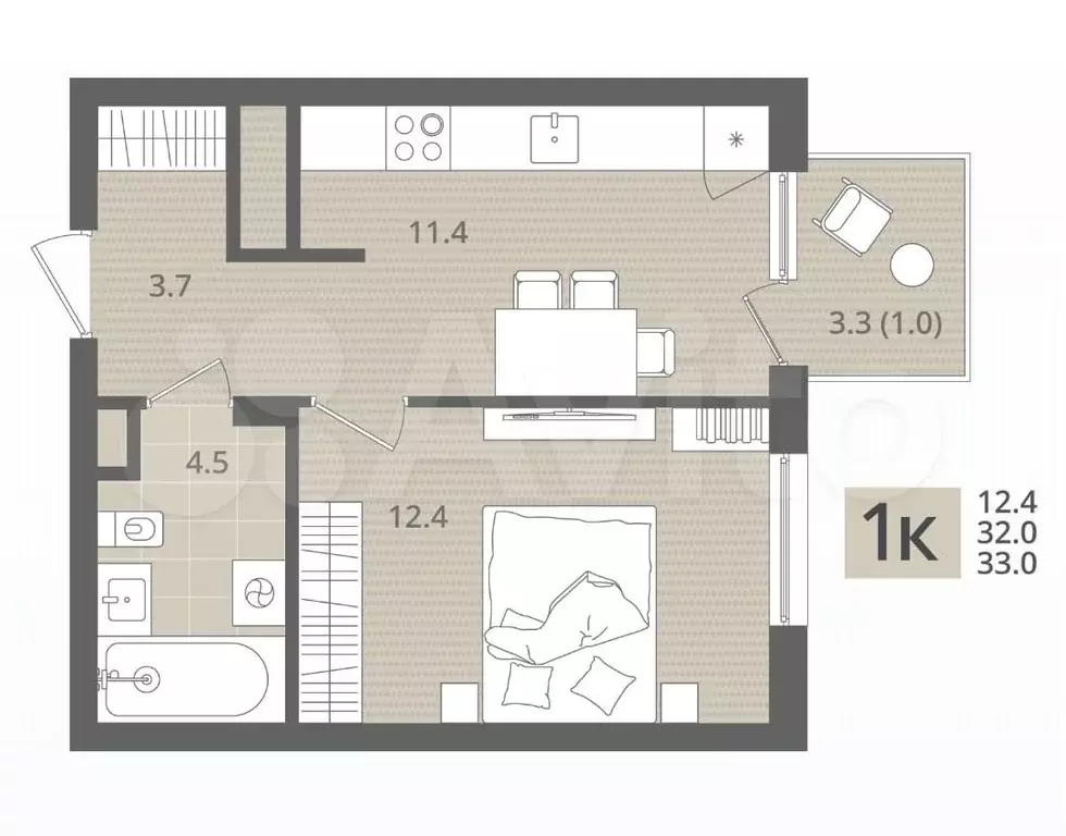 1-к. квартира, 33 м, 3/7 эт. - Фото 1