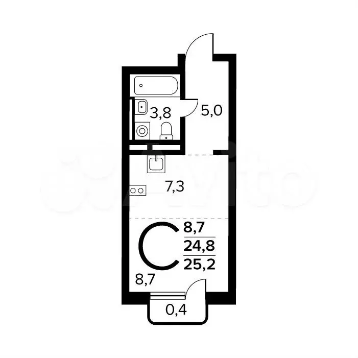 Квартира-студия, 25,2 м, 11/14 эт. - Фото 0