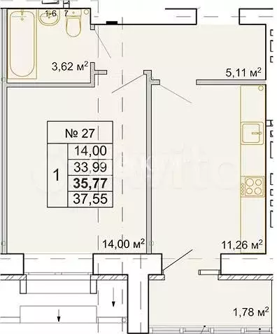 1-к. квартира, 36 м, 7/7 эт. - Фото 0